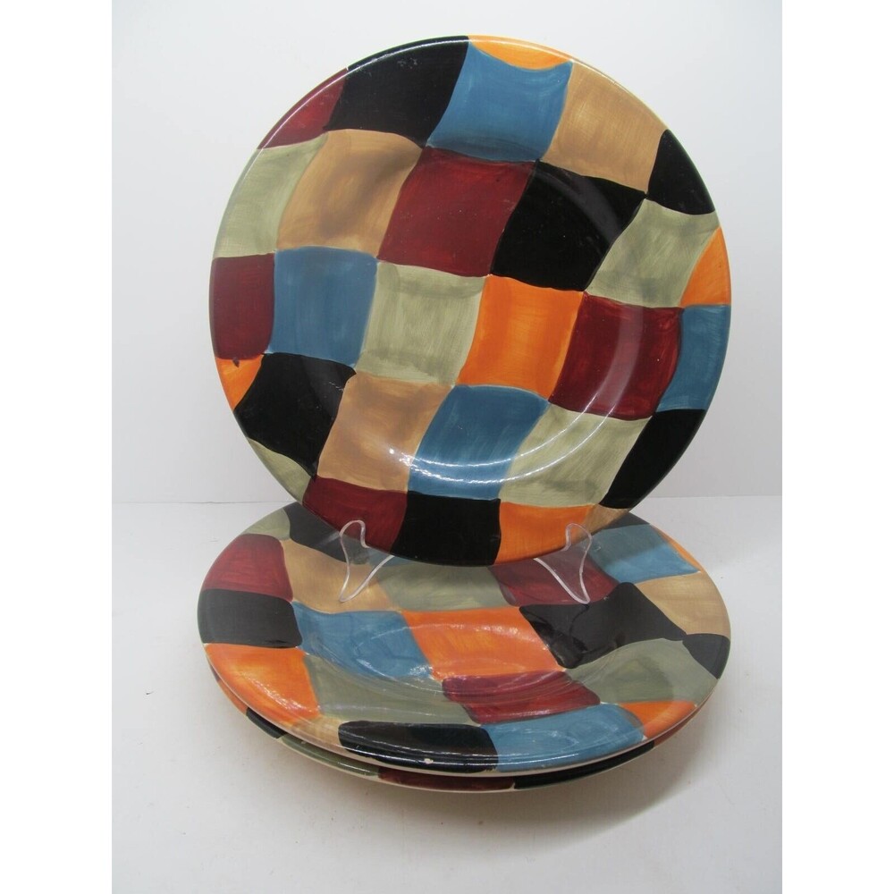 Tabletops Unlimited Diamonds Set Of 3 Hand Painted 11" Dinner Plates READ DESC